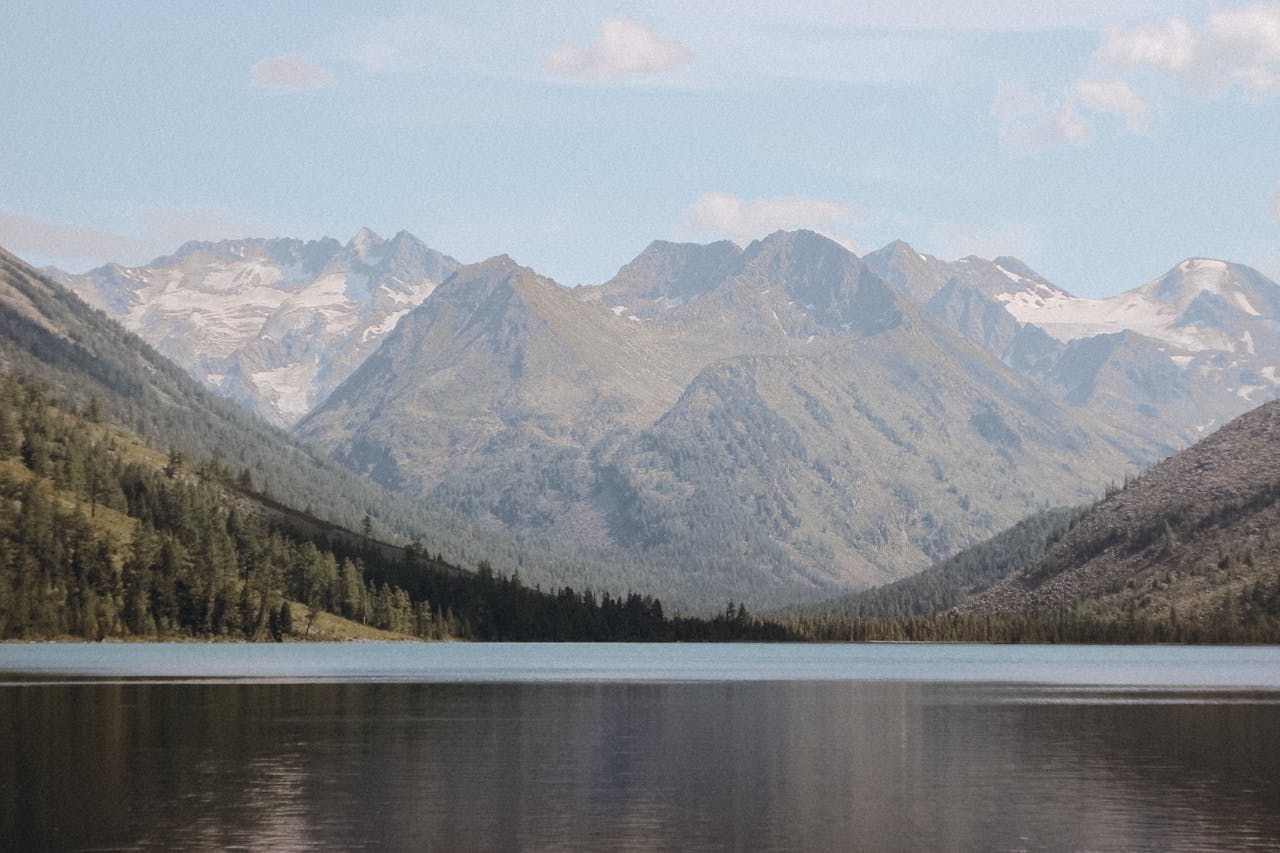 Tranquil lake with majestic Altai mountains and forests under a clear sky.
